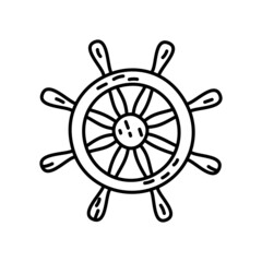 Wooden ship steering wheel. Pirate item sketch. Doodle hand drawn illustration. Vector line icon