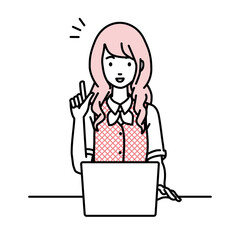 デスクで座ってPCを開いて何かひらめいた事務員制服の女性