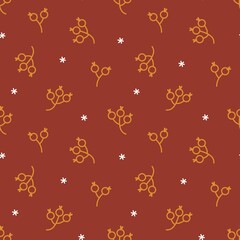 Seamless vector pattern with cute hand drawn berries. Simple winter theme outline texture. Gold and red palette. Doodle Christmas background for wrapping paper, print, gift, fabric, textile, wallpaper
