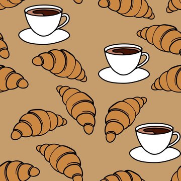 Seamless pattern, coffee and croissant, tasty breakfast with pastry 