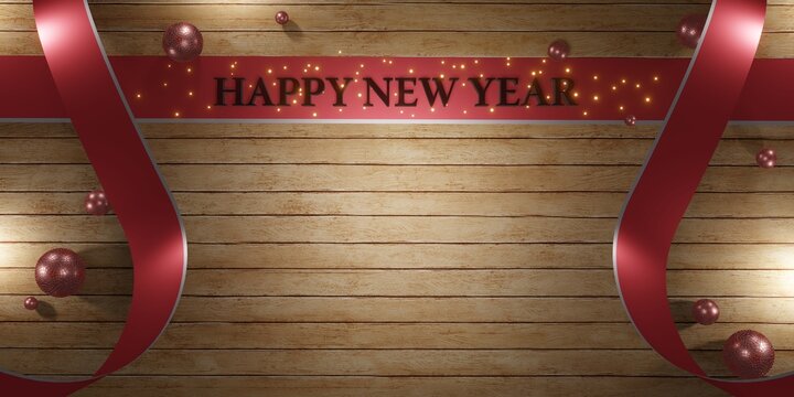 new year and christmas background wooden floor backdrop ribbon and ball glitter decoration luxury 3d illustration