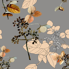 Autumn dry flowers branches watercolor on grey background seamless pattern for all prints.