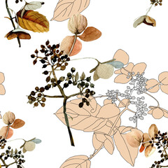 Dry autumn flowers branches watercolor on white background seamless pattern for all prints.