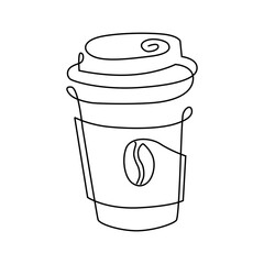  Line art cup of hot drink to take away, a linear cup of coffee with steam. Hand drawn logo.