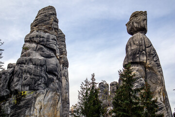 The rock giants in the rock city in Adrspach in the autumn season