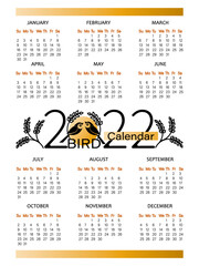 Bird couple. Calendar 2022. Ornithological, ecological page for notebook, weekly planning, calendar