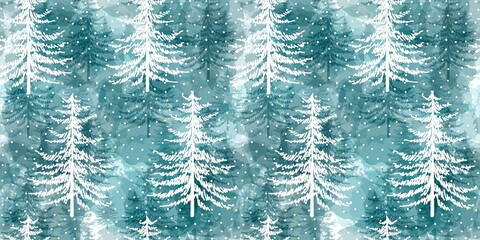 Christmas tree seamless vector pattern. Watercolor Noel firs print, winter frozen pine trees on blue background, wallpaper, wrapping paper design
