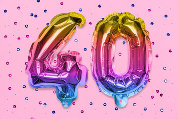 Rainbow foil balloon number, digit forty on a pink background with sequins. Birthday greeting card...
