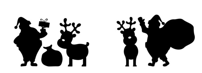 Christmas reindeer and Santa silhouettes, holiday toys, Santa Claus and Rudolph reindeer isolated on white background. © Julia