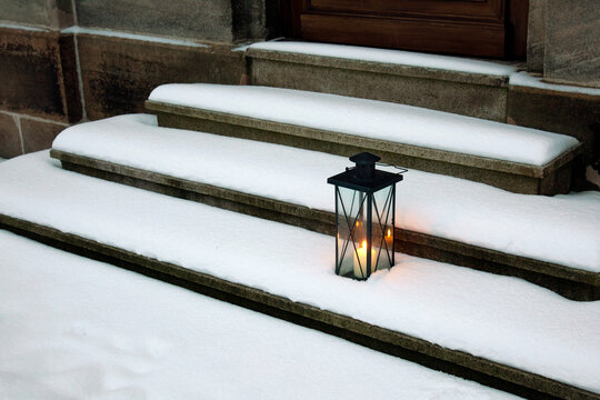 laterne, schnee, treppe