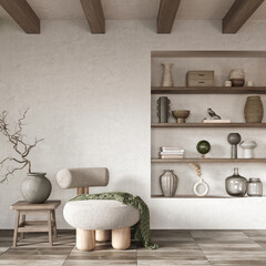 Minimalist interior design with built in wall shelves and wooden beams. Wabi sabi concept, 3d render 