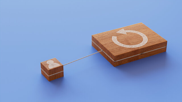 Reload Technology Concept with refresh Symbol on a Wooden Block. User Network Connections are Represented with White string. Blue background. 3D Render.