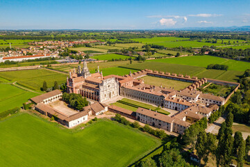 Certosa di Pavia Gra-Car (Gratiarum Carthusia, Monastery of Santa Maria delle Grazie - Sec. XIV), Aerial view	