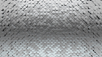 Fish Scale, Luxurious Wall background with tiles. Silver, tile Wallpaper with 3D, Polished blocks. 3D Render
