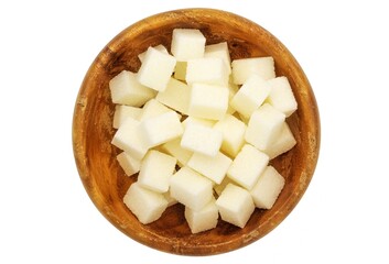 On a white background, there is a white lump sugar in a wooden bamboo plate