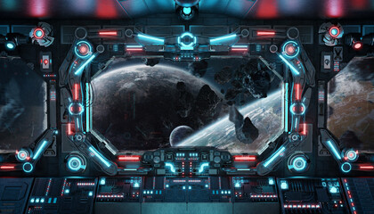 Dark spaceship interior with glowing blue and red lights. Futuristic spacecraft with large window view on planets in space. 3D rendering © sdecoret