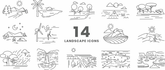 Landscape nature icons set bundle - mountain, beach, river, lake, ocean, sea, savanna, camping ground, windy field, high land, desert, rain forest, waterfall, canyon, swamp, ice land