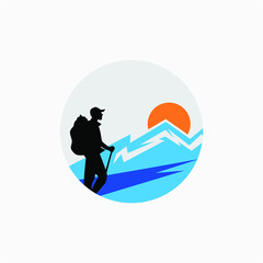Fototapeta na wymiar Man hiking adventure to the mountain logo vector image
