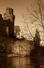 old British Castle in warwick westmidlands in golden autumn light with the blue sky background...