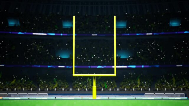 American football night stadium with fans iilluminated by spotlights waiting game. High quality 4k footage