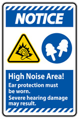 Warning Sign High Noise Area Ear Protection Must Be Worn, Severe Hearing Damage May Result