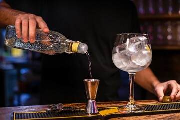 Standing barman prepares gin and tonic on the wooden counter at the pub