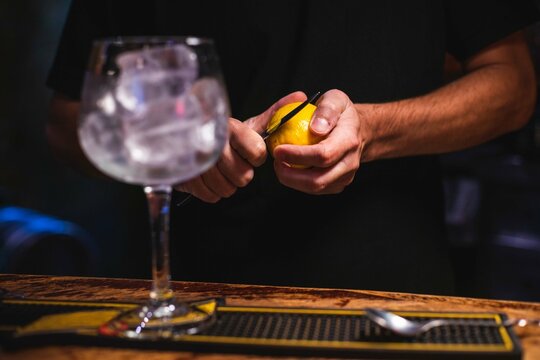 At the Pub: Bartender Prepares Gin and Tonic on Wooden Counter