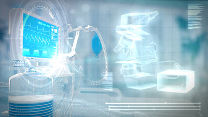 hi-tech hospital room with digital overlays and microscope . conceptual abstract 3D rendering