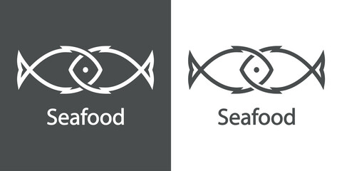 Logotipo restaurante. Banner con texto Seafood y silueta de 2 pescados abstractos con líneas en fondo gris y fondo blanco © teracreonte