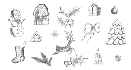 Christmas, New Year composition. Vector illustration, sketch, drawing.