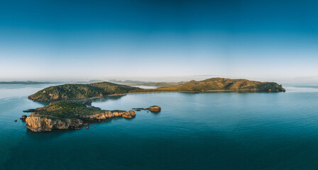 Panorama aerial view of Cape Hillsborough National Park with views of Wedge Island