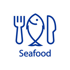 Logotipo restaurante. Banner con texto Seafood y silueta de pescado con tenedor y cuchillo con líneas en color azul