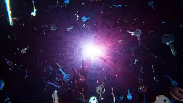A lot of metal keys falling into the camera in slow motion. Dark mysterious 3d animated background