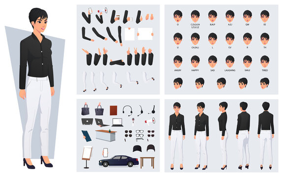 Office Woman Formal Wearing Pants and Shirt Character Constructor with Mouth Animation, Emotions, and Hand Gestures design