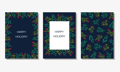 Christmas card template set Decorated frame Leaves illustration on Navy background