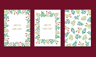 Christmas card template set Decorated frame Leaves illustration on White background