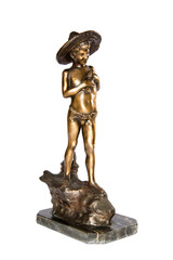 Fototapeta na wymiar Vintage bronze statuette depicting a boy in swimwear fishing on a rock isolated on white.