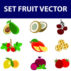 Set of colorful cartoon fruit, avocado, mangosteen, Dragon fruit, grape, durian, passion fruit, mango,date palm,guava isolated on whitebackground. Set of fruit vector.