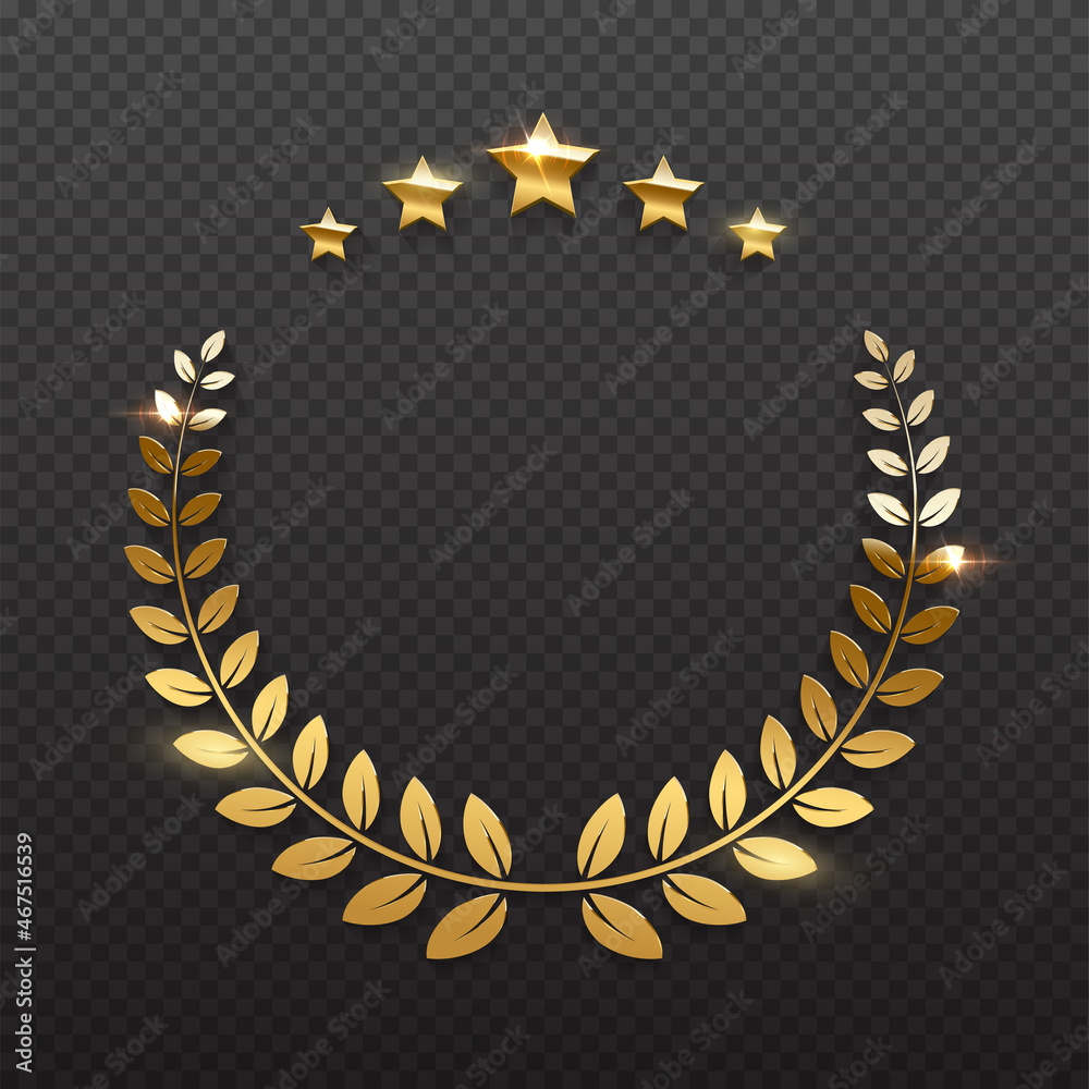 Wall mural Gold shiny circle laurel wreath with stars vector illustration. Golden shining round badge prize for winner, award trophy nominee luxury symbol, nomination reward emblem on transparent background