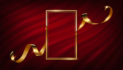 Gold frame with silk ribbon on red curtain, 3d vintage luxury banner for awards ceremony