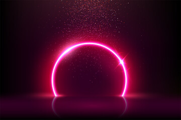 Pink round neon circle frame and magic falling particles, abstract electric ring