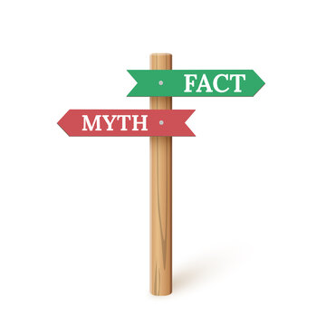 Sign direction with myth and fact arrow, 3d wooden signpost for true or false facts