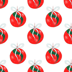 Christmas decorations, red balls with snowflakes on a white background. Seamless pattern with New Year's baubles. Watercolor illustration. For printing on fabrics, festive packaging.
