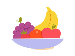 Summer fresh fruits on plate, sweet banana, grapes, apple and strawberry lying on platter