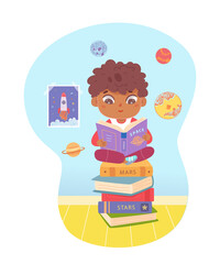 Kid reading open story book about space travel, little boy sitting on pile of fantastic books