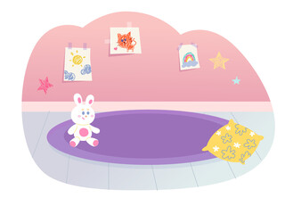 Nursery, room for fun games of preschool baby girl, kindergarten playroom, cute interior