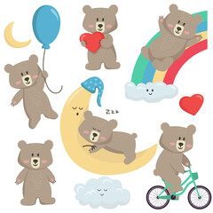 Obraz premium Vector illustration on a white background set of cartoon cute bear boy in different poses. The bear holds a heart, rides on a rainbow, sleeps on the moon, flies on a balloon, rides a bicycle. 