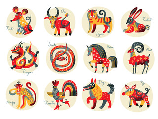 Cute chinese horoscope zodiac set. Collection of animals symbols of year. China New Year mascots isolated on white background. Vector illustration of calendar astrological signs on circle stamps