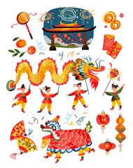 Chinese New Year celebration elements set. Traditional Asian festival vector illustration. People with dragon, animal costume, lanterns, oranges, firecrackers, fans on white background