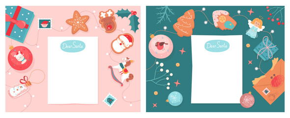 Templates for Christmas letter to Santa Claus, blank paper sheets with dear Santa text